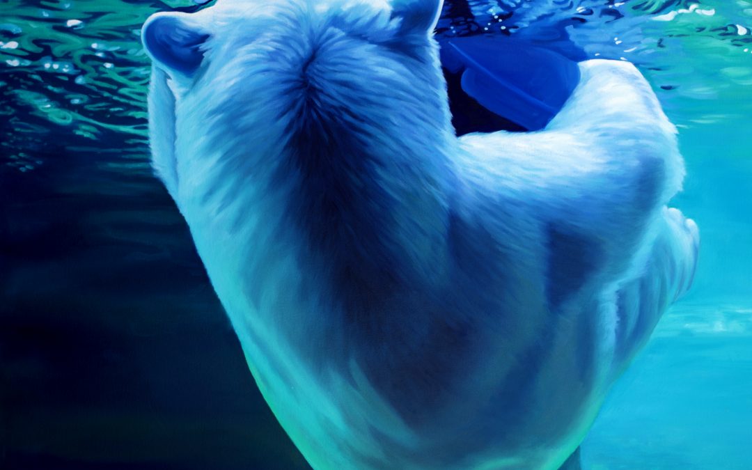 Painting: Blue and Purple polar bear floating upside down underwater, by Ellary Eddy